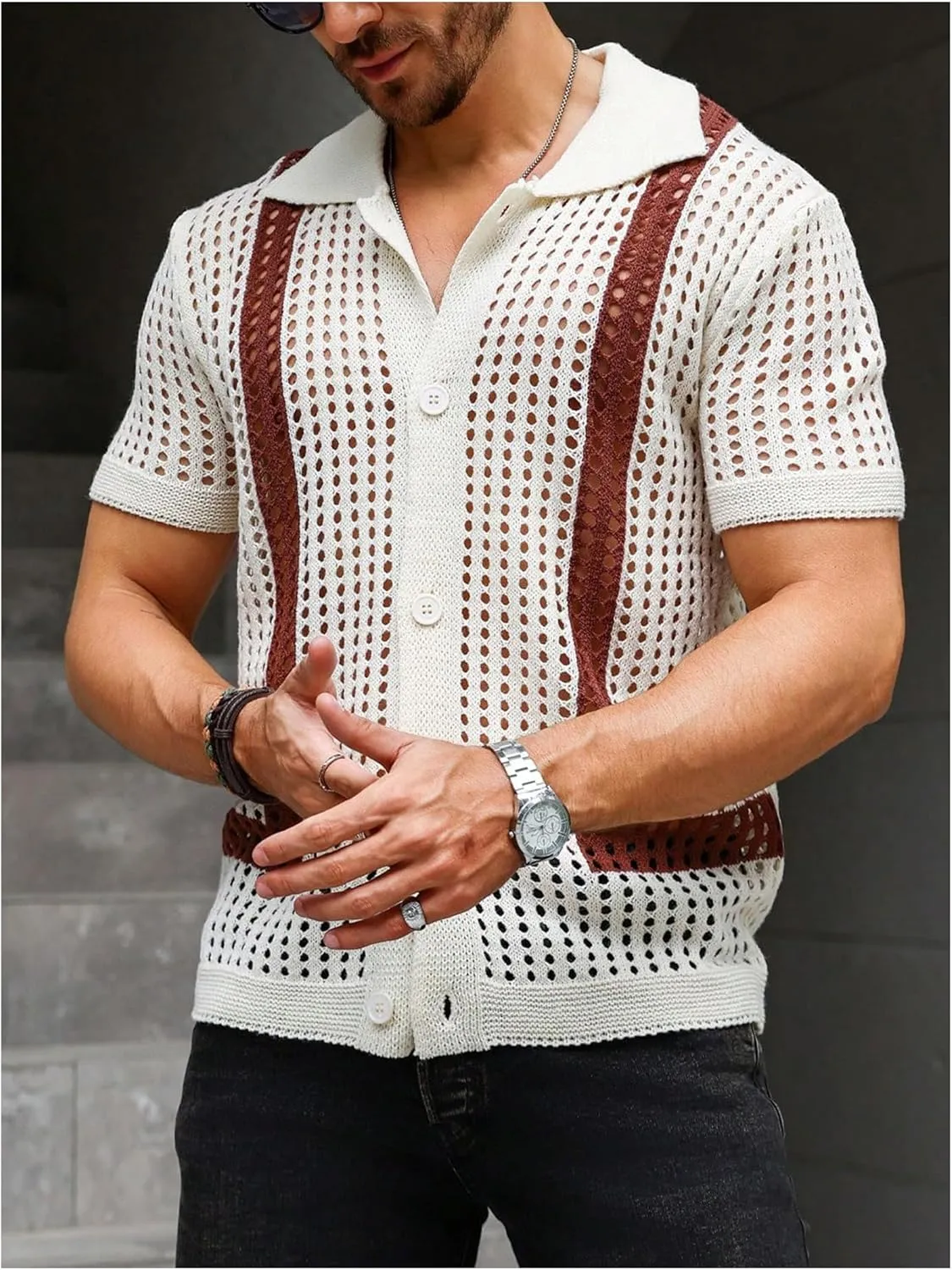 Verdusa Men's Cuban Crochet Shirts Short Sleeve Knit Shirts Casual Button Down Knitted Top Sweater