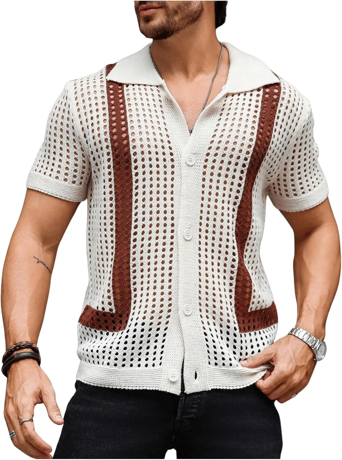 Verdusa Men's Cuban Crochet Shirts Short Sleeve Knit Shirts Casual Button Down Knitted Top Sweater