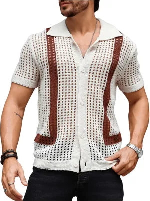 Verdusa Men's Cuban Crochet Shirts Short Sleeve Knit Shirts Casual Button Down Knitted Top Sweater
