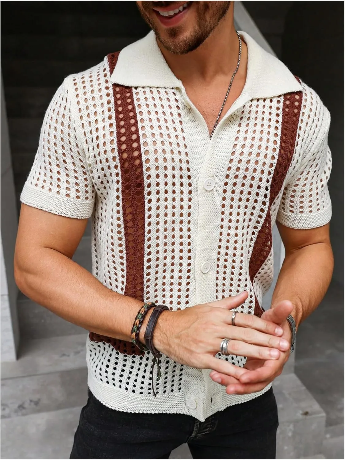 Verdusa Men's Cuban Crochet Shirts Short Sleeve Knit Shirts Casual Button Down Knitted Top Sweater