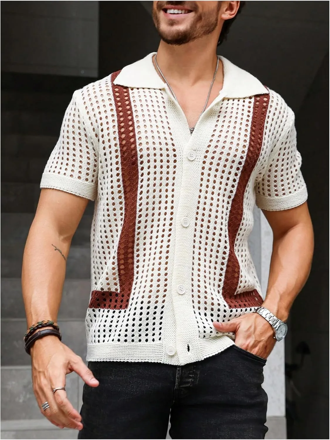 Verdusa Men's Cuban Crochet Shirts Short Sleeve Knit Shirts Casual Button Down Knitted Top Sweater