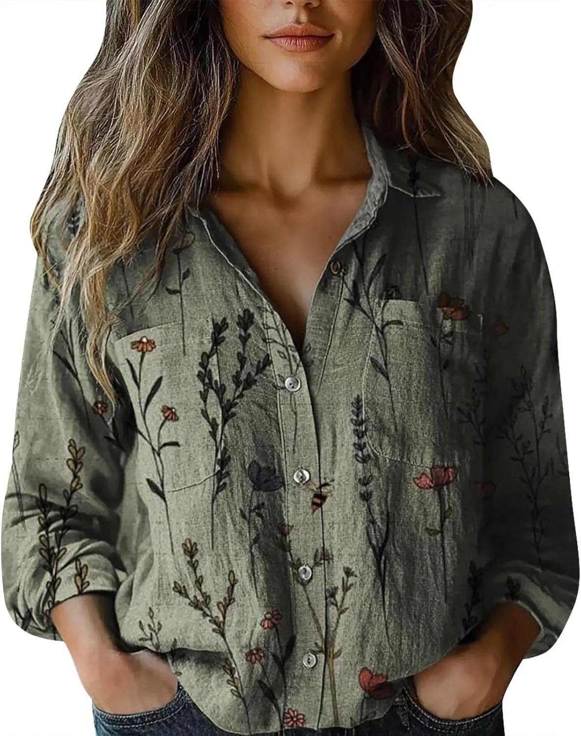 Vintage Boho Tops for Women Floral Print Shirt Casual Long Sleeve Button Up Blouses Loose Fit Dressy Peasant T-Shirts