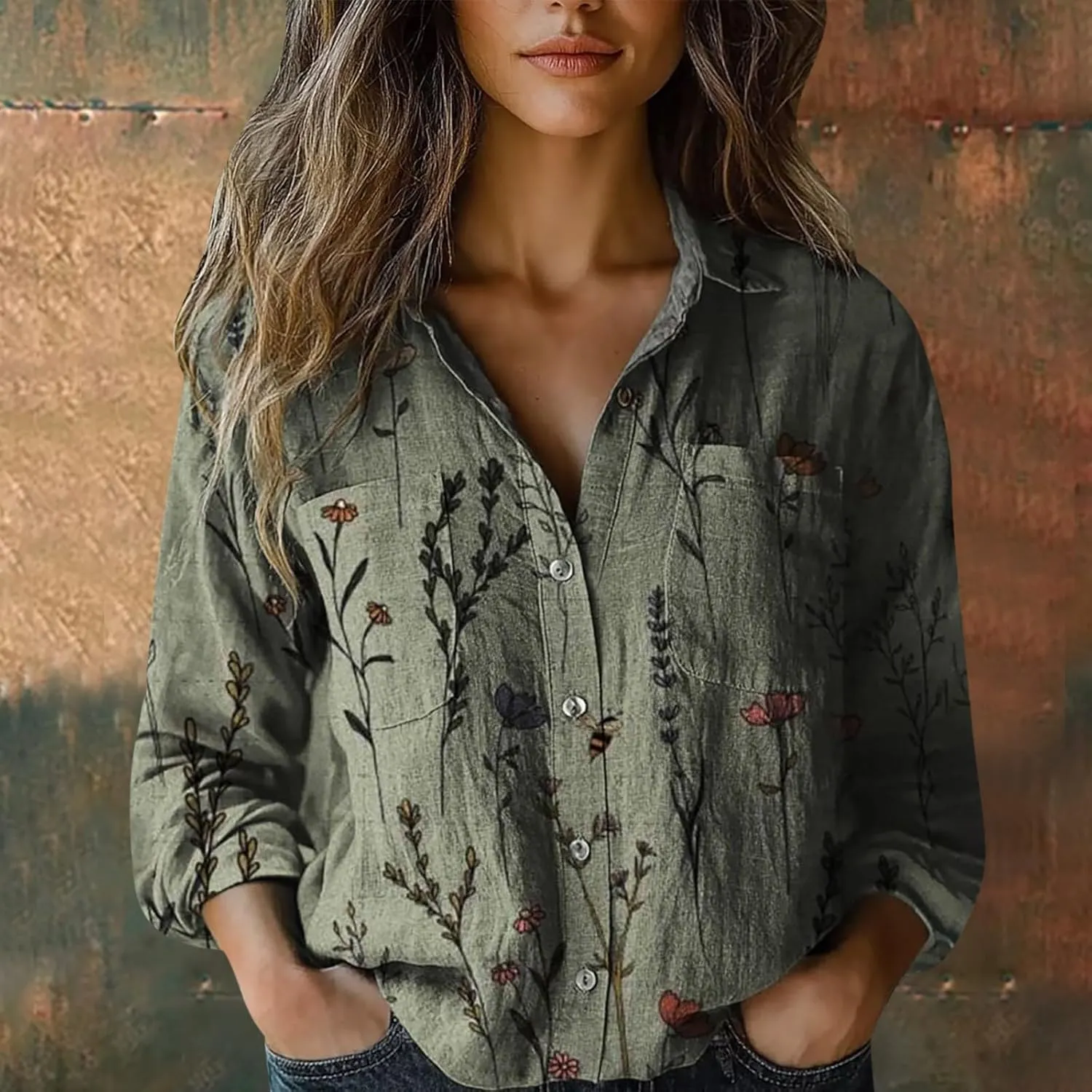 Vintage Boho Tops for Women Floral Print Shirt Casual Long Sleeve Button Up Blouses Loose Fit Dressy Peasant T-Shirts