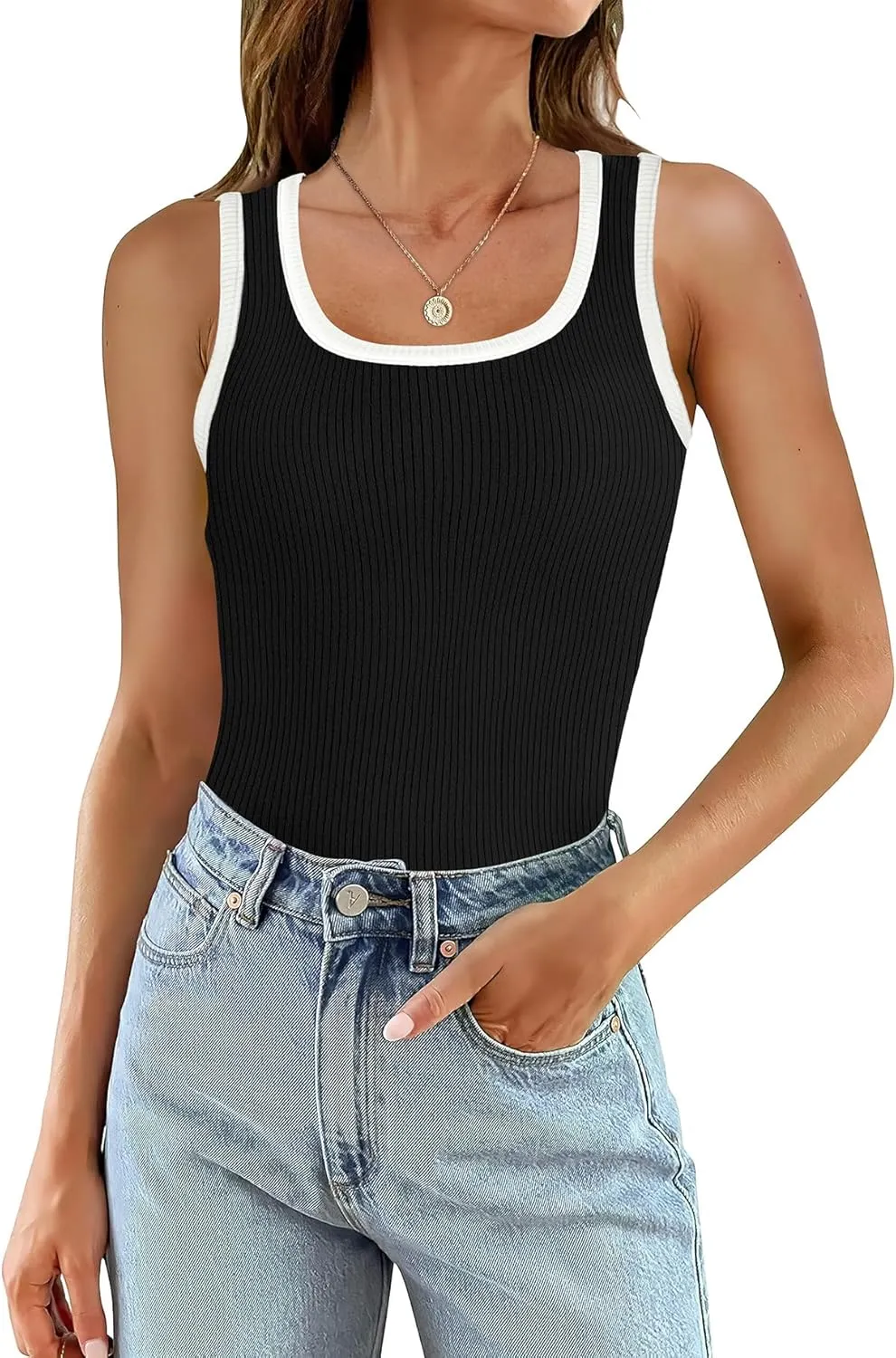 WIHOLL Womens Ribbed Tank Tops 2025 Summer Scoop Neck Slim Fitted Tops Casual Basic Knit Sleeveless Shirts