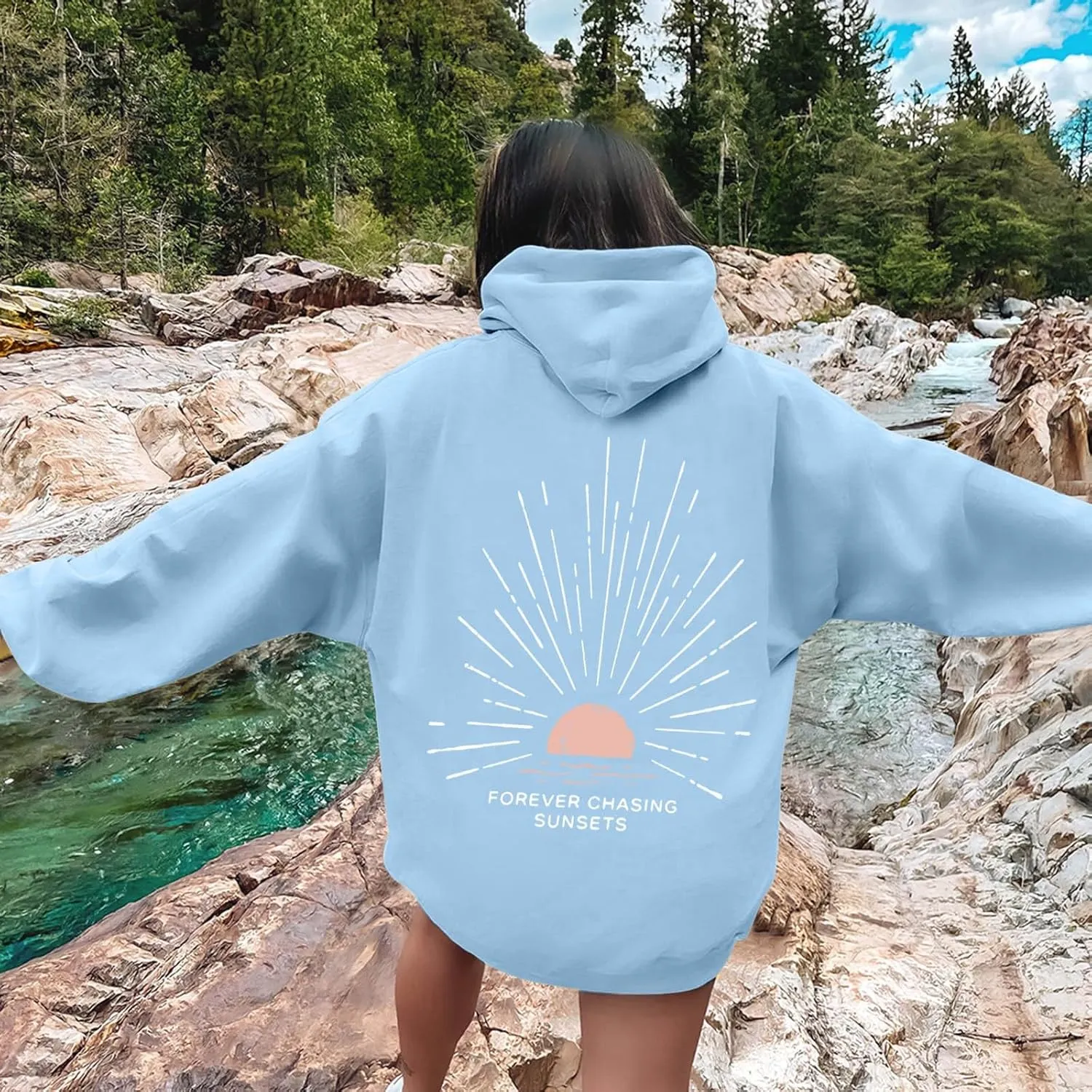 Women Oversized Hoodie Beachy Sweatshirt Letter Printed Always Chasing Sunsets Hoodies Solid Color Soft Top