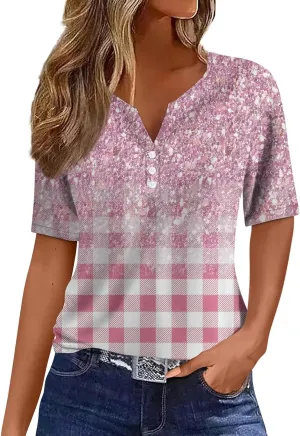 Women Short Sleeve Tops 2024 Summer Casual Pullover Fashion Blouse Tees Button V Neck Printed T Shirt Plus Size