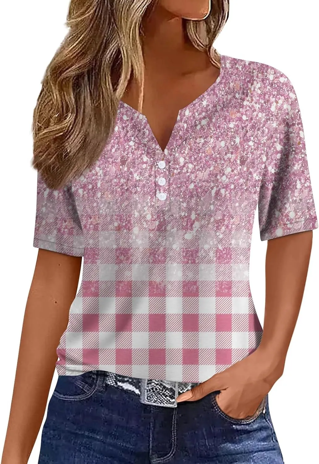 Women Short Sleeve Tops 2024 Summer Casual Pullover Fashion Blouse Tees Button V Neck Printed T Shirt Plus Size