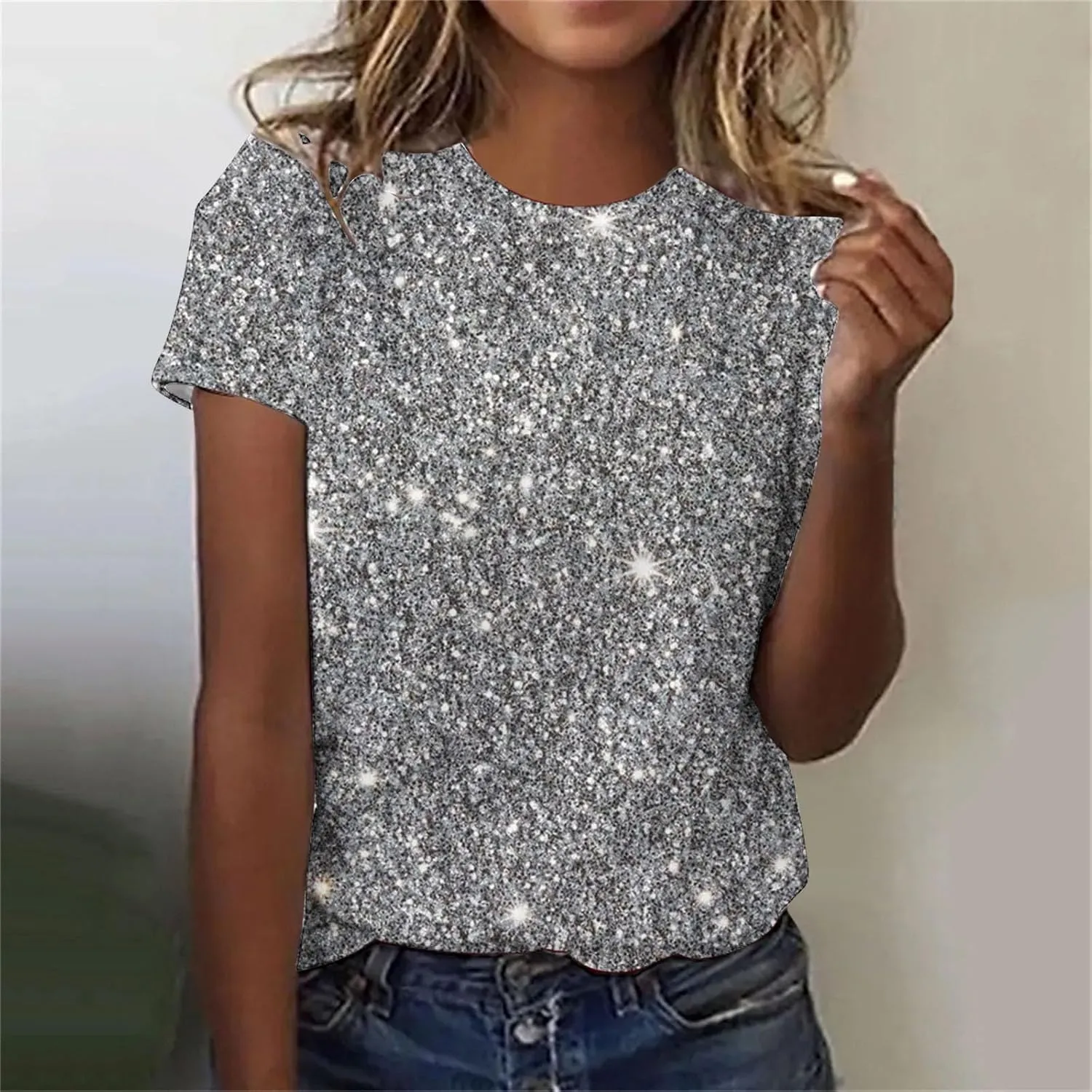 Women Sparkly Graphic Print Tops Tie Dye Tee Shirt Loose Short Sleeve Crewneck Tshirt Basic Casual Color Block Blouse