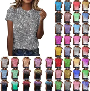 Women Sparkly Graphic Print Tops Tie Dye Tee Shirt Loose Short Sleeve Crewneck Tshirt Basic Casual Color Block Blouse