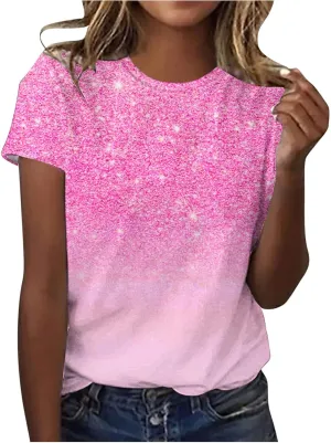 Women Sparkly Graphic Print Tops Tie Dye Tee Shirt Loose Short Sleeve Crewneck Tshirt Basic Casual Color Block Blouse