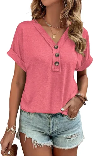 Women Summer Tops Spring Fashion Button Down Shirts Short Sleeve Tshirts Casual T Shirts V Neck Clothes