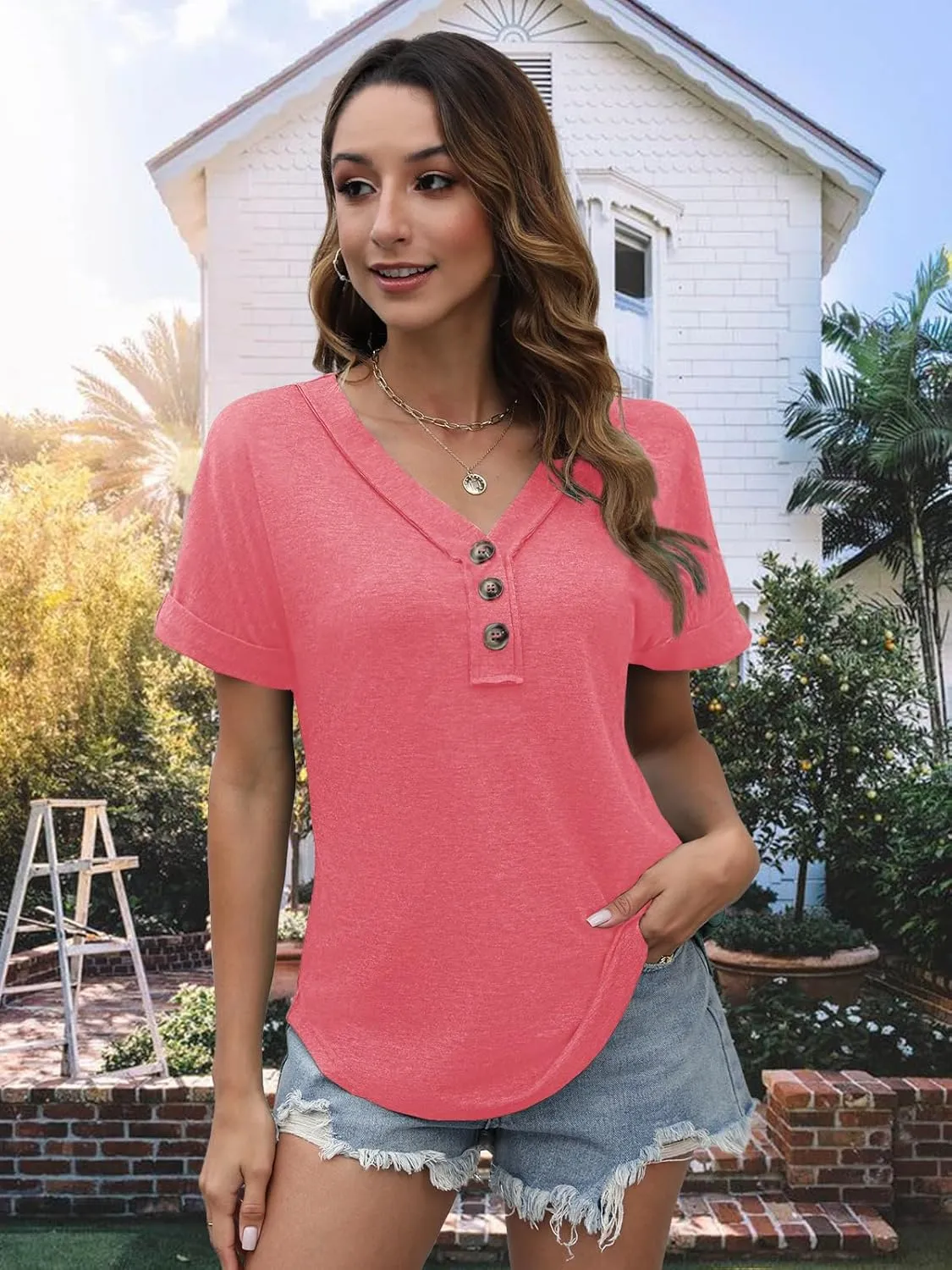 Women Summer Tops Spring Fashion Button Down Shirts Short Sleeve Tshirts Casual T Shirts V Neck Clothes