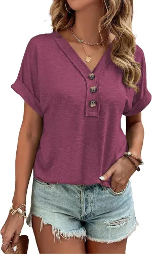 Women Summer Tops Spring Fashion Button Down Shirts Short Sleeve Tshirts Casual T Shirts V Neck Clothes