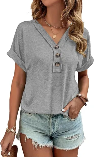 Women Summer Tops Spring Fashion Button Down Shirts Short Sleeve Tshirts Casual T Shirts V Neck Clothes