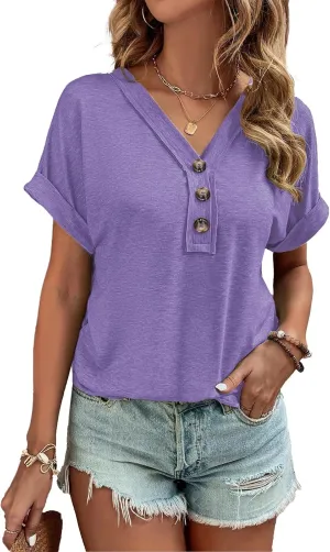 Women Summer Tops Spring Fashion Button Down Shirts Short Sleeve Tshirts Casual T Shirts V Neck Clothes