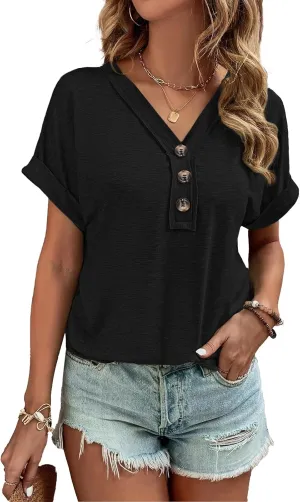 Women Summer Tops Spring Fashion Button Down Shirts Short Sleeve Tshirts Casual T Shirts V Neck Clothes