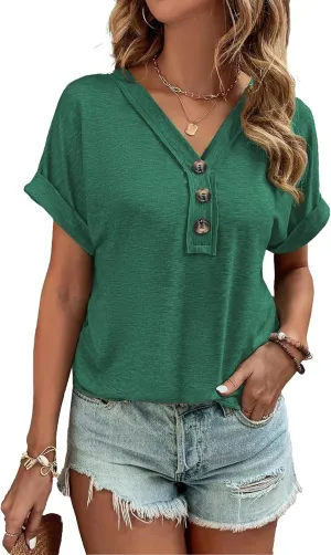 Women Summer Tops Spring Fashion Button Down Shirts Short Sleeve Tshirts Casual T Shirts V Neck Clothes