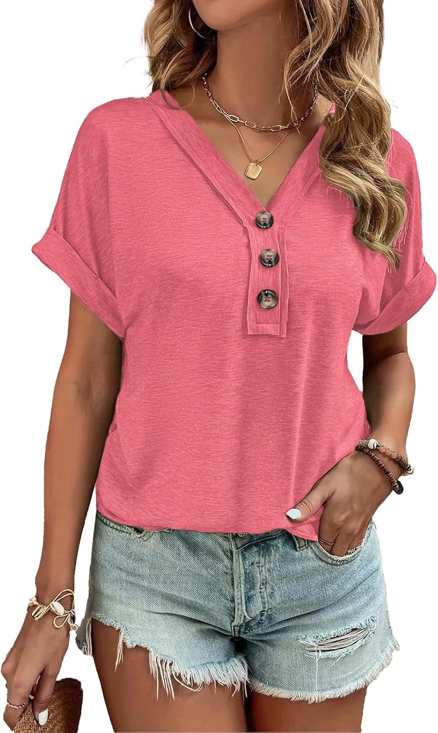 Women Summer Tops Spring Fashion Button Down Shirts Short Sleeve Tshirts Casual T Shirts V Neck Clothes