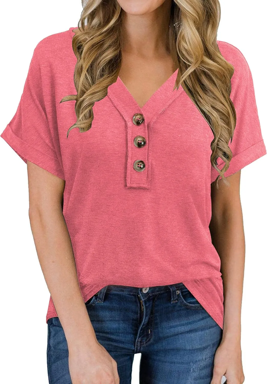 Women Summer Tops Spring Fashion Button Down Shirts Short Sleeve Tshirts Casual T Shirts V Neck Clothes