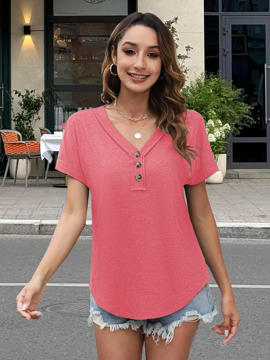 Women Summer Tops Spring Fashion Button Down Shirts Short Sleeve Tshirts Casual T Shirts V Neck Clothes