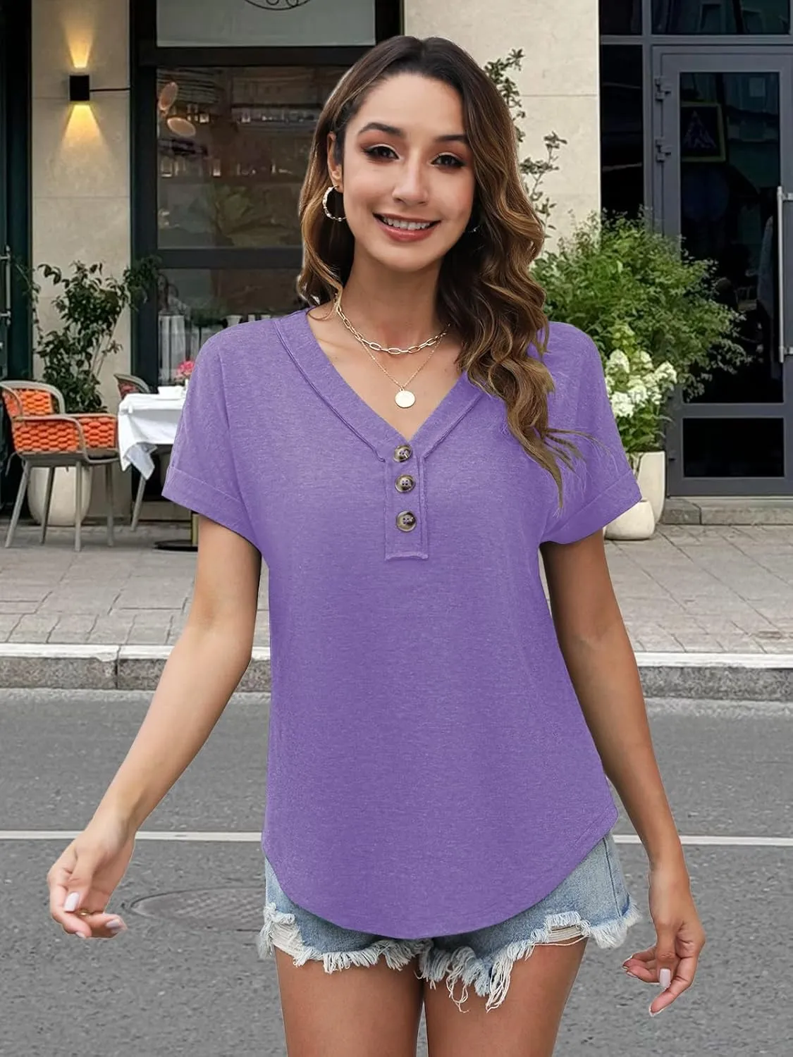 Women Summer Tops Spring Fashion Button Down Shirts Short Sleeve Tshirts Casual T Shirts V Neck Clothes