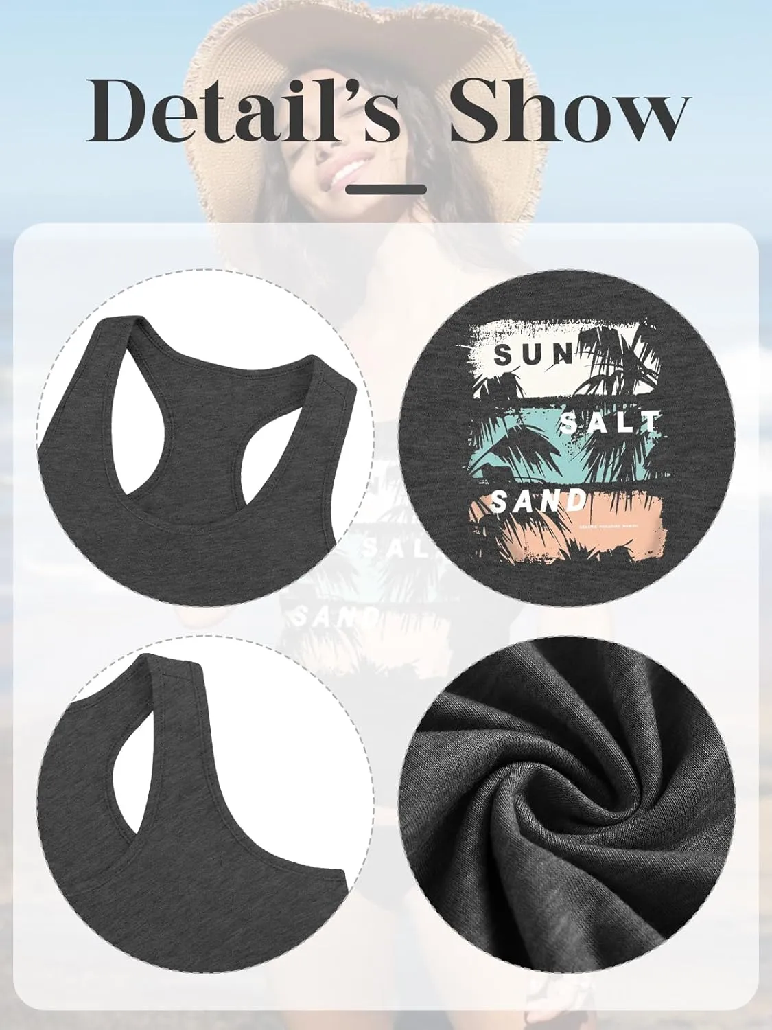 Women Vintage Beach Graphic Racerback Tank Top Summer Vacation Hawaiian Sunset Sun Sand Sleeveless Basic-Fit Shirt Cami