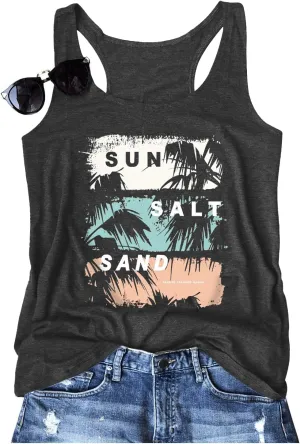 Women Vintage Beach Graphic Racerback Tank Top Summer Vacation Hawaiian Sunset Sun Sand Sleeveless Basic-Fit Shirt Cami