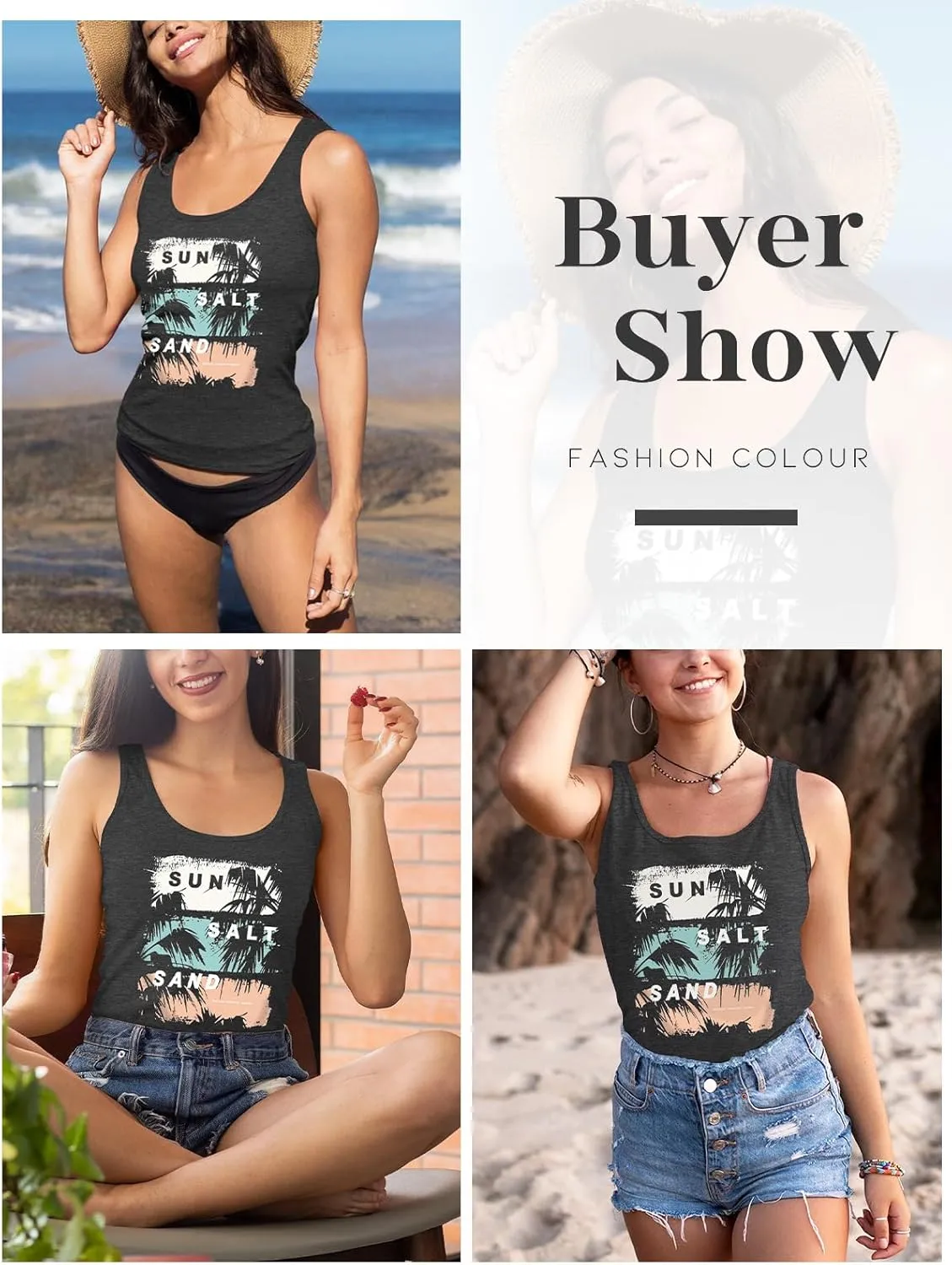 Women Vintage Beach Graphic Racerback Tank Top Summer Vacation Hawaiian Sunset Sun Sand Sleeveless Basic-Fit Shirt Cami