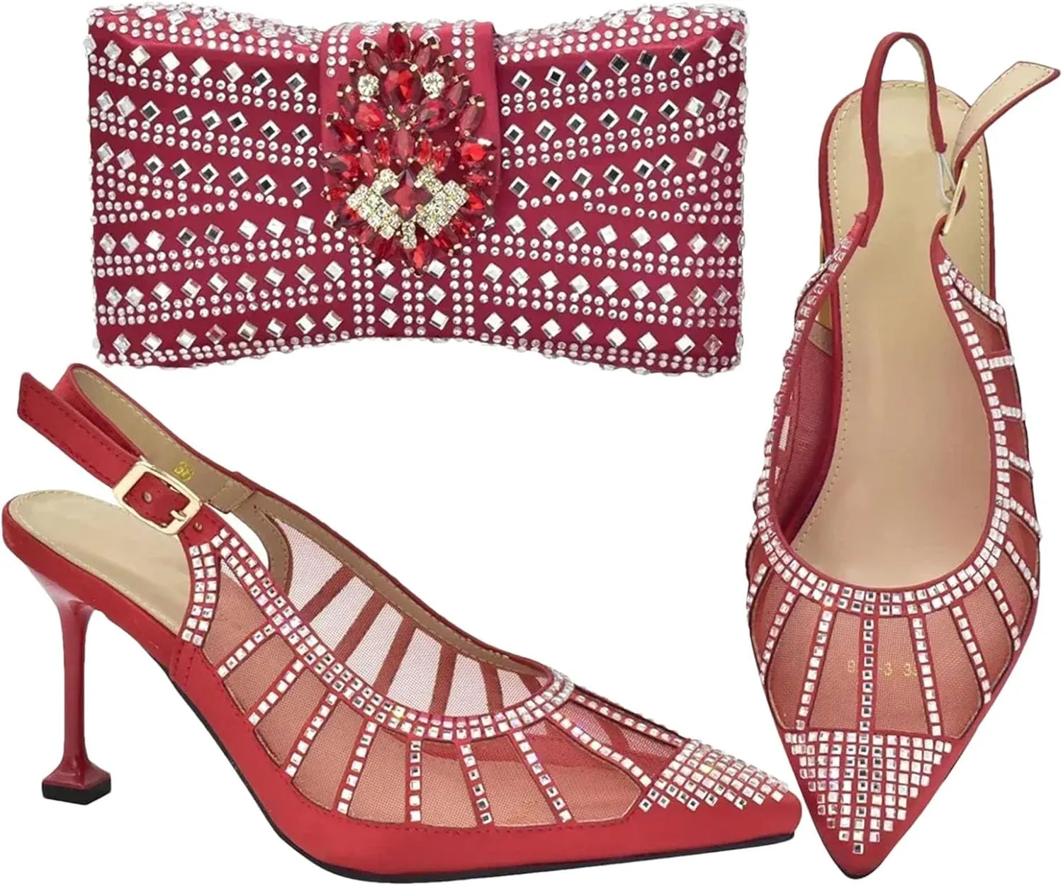 Women's African-Italian Bridal Set - Rhinestone-Embellished High Heels & Party Clutch