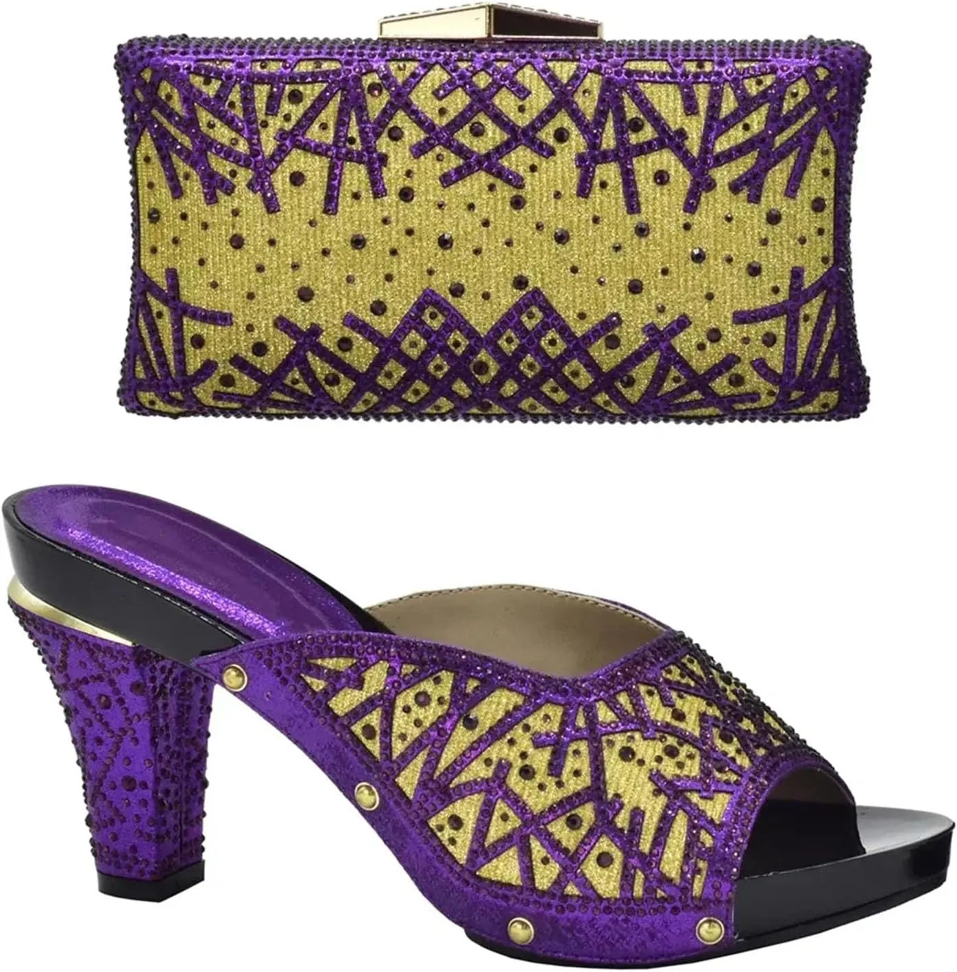 Women's African Transparent Heel Bridal Set - Clear Acrylic Rhinestone Pumps & Geometric Crystal Clutch for Modern Brides