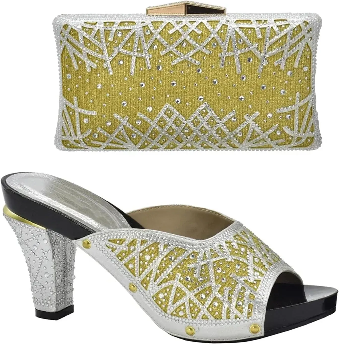 Women's African Transparent Heel Bridal Set - Clear Acrylic Rhinestone Pumps & Geometric Crystal Clutch for Modern Brides