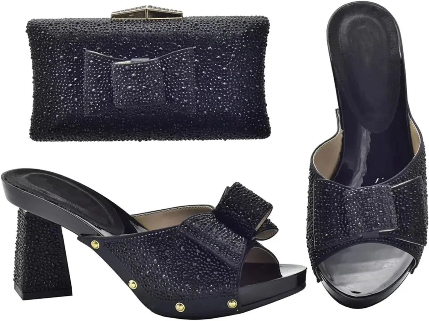 Women's Black Rhinestone Shoe & Bag Set - Slip-On Pumps & Clutch for African Weddings and Parties