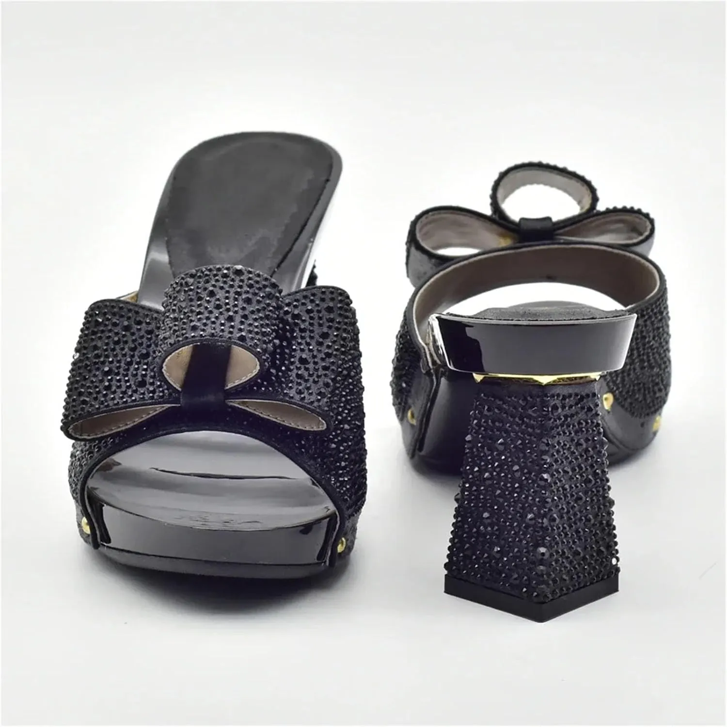 Women's Black Rhinestone Shoe & Bag Set - Slip-On Pumps & Clutch for African Weddings and Parties