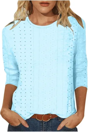 Womens Blouses Casual 3/4 Length Sleeve Cute Solid Color Summer T Shirts Round Neck Loose Comfy Fit Tee Shirts