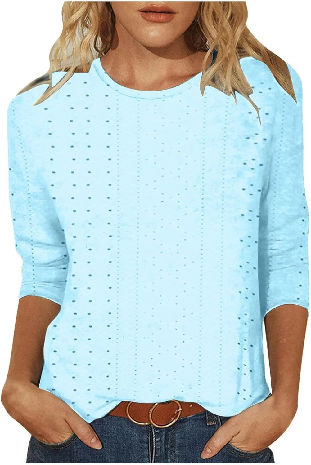 Womens Blouses Casual 3/4 Length Sleeve Cute Solid Color Summer T Shirts Round Neck Loose Comfy Fit Tee Shirts