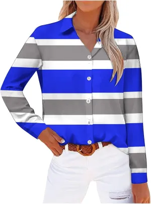 Womens Button Down Casual Shirts Color Block Striped Blouse Tops Long Sleeve Collar Shirt Dressy Work Outfits Clothing
