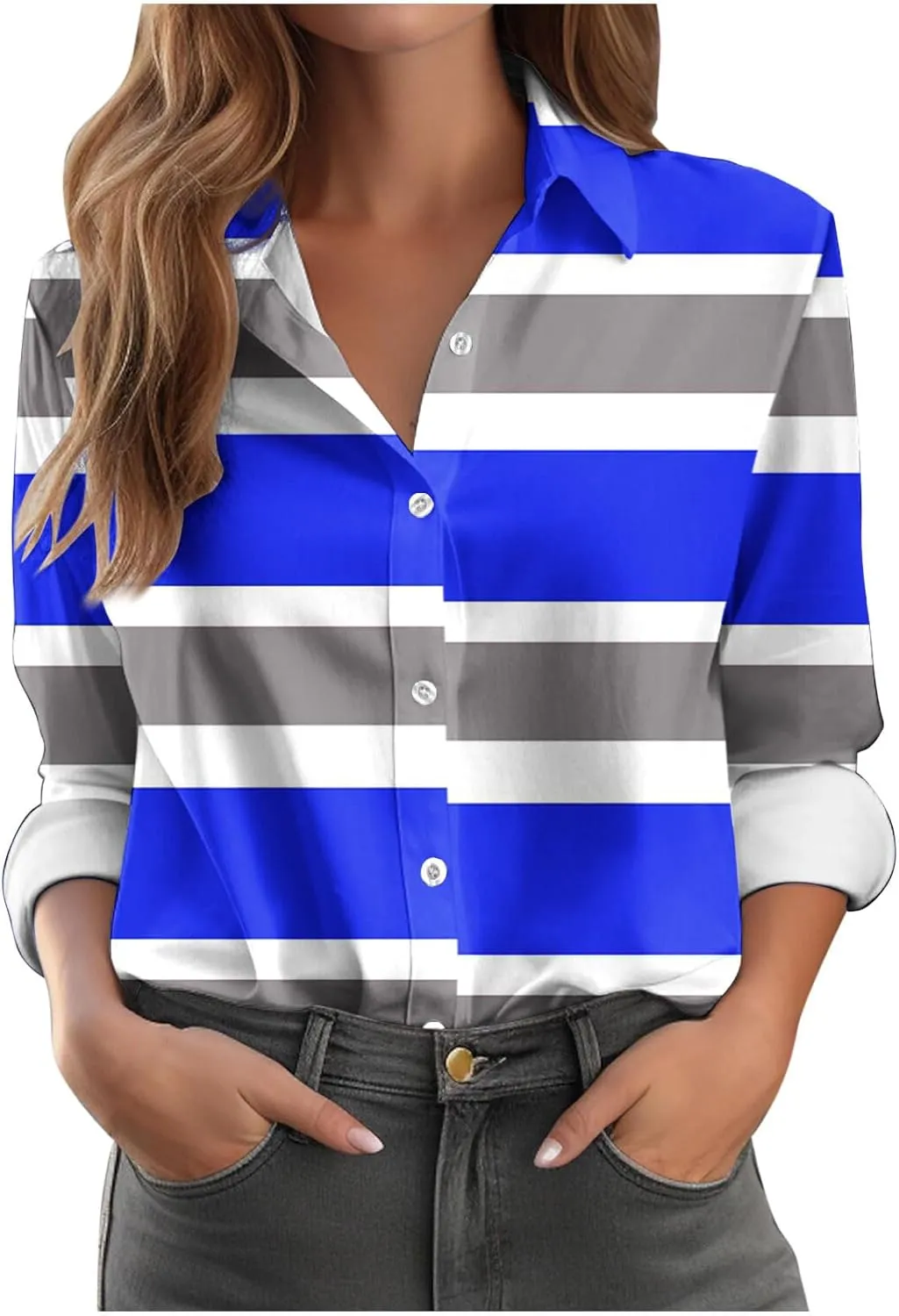 Womens Button Down Casual Shirts Color Block Striped Blouse Tops Long Sleeve Collar Shirt Dressy Work Outfits Clothing