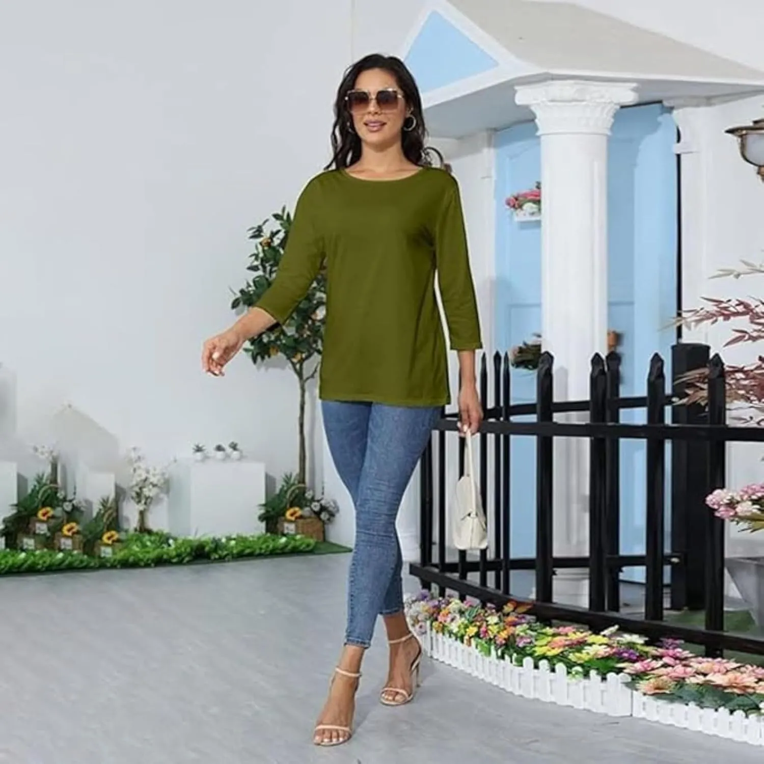 Women's Casual 3/4 Sleeve T-Shirt 2025 Summer Tunic Tops Dressy Trendy Basic Tees Blouses Loose Fit Crewneck Pullover