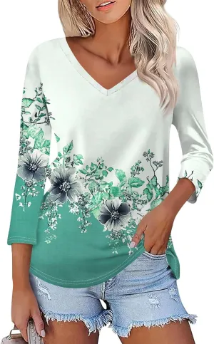 Womens Casual 3/4 Sleeve T-Shirts Sexy V Neck Loose Fit Tunic Tops Cute Basic Tees Blouses Pullover Tops