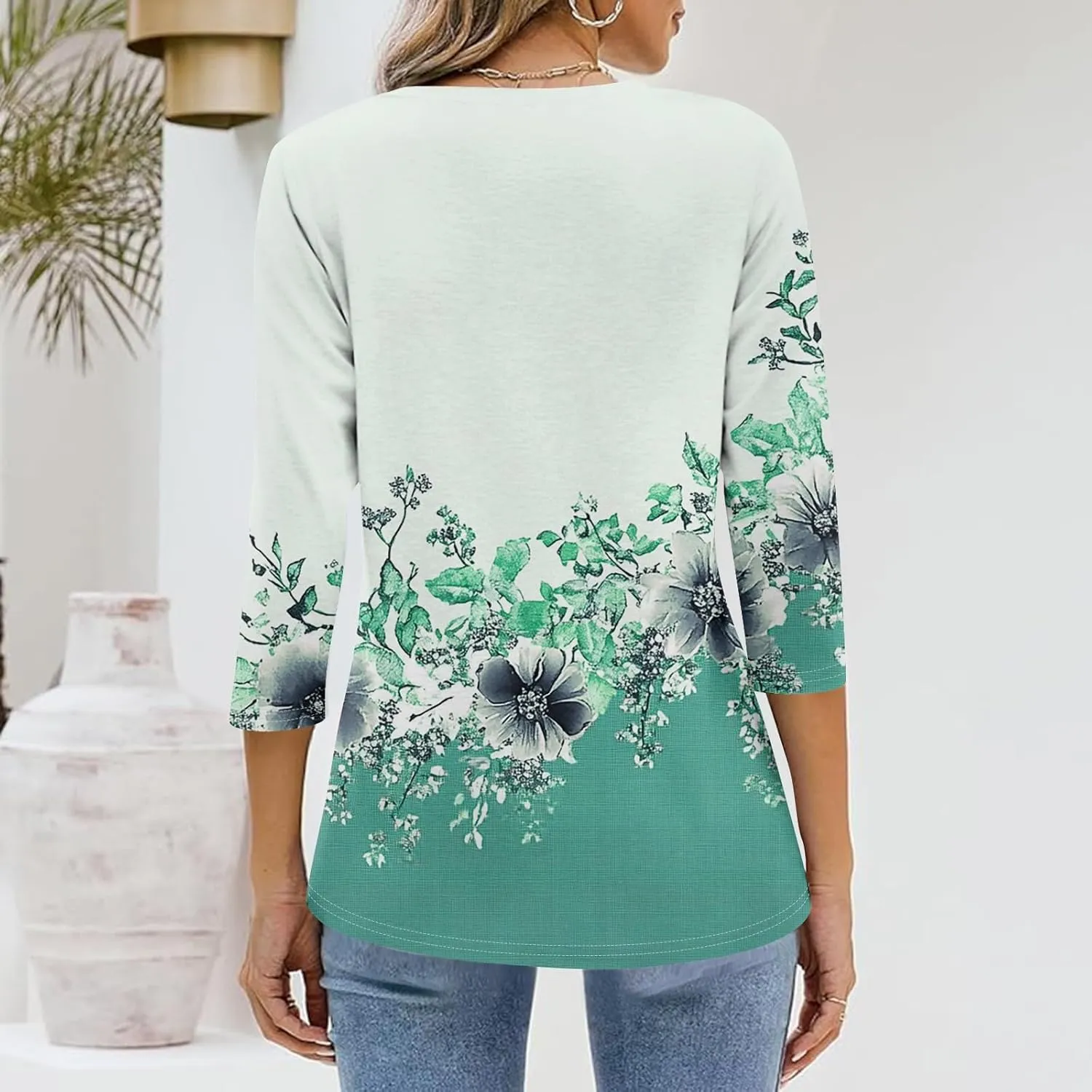 Womens Casual 3/4 Sleeve T-Shirts Sexy V Neck Loose Fit Tunic Tops Cute Basic Tees Blouses Pullover Tops
