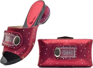 Women's Comfort Platform Sandal & Bag Set - Italian Handmade Rhinestone Strappy Heels with Wide-Block Heel & Matching Tote