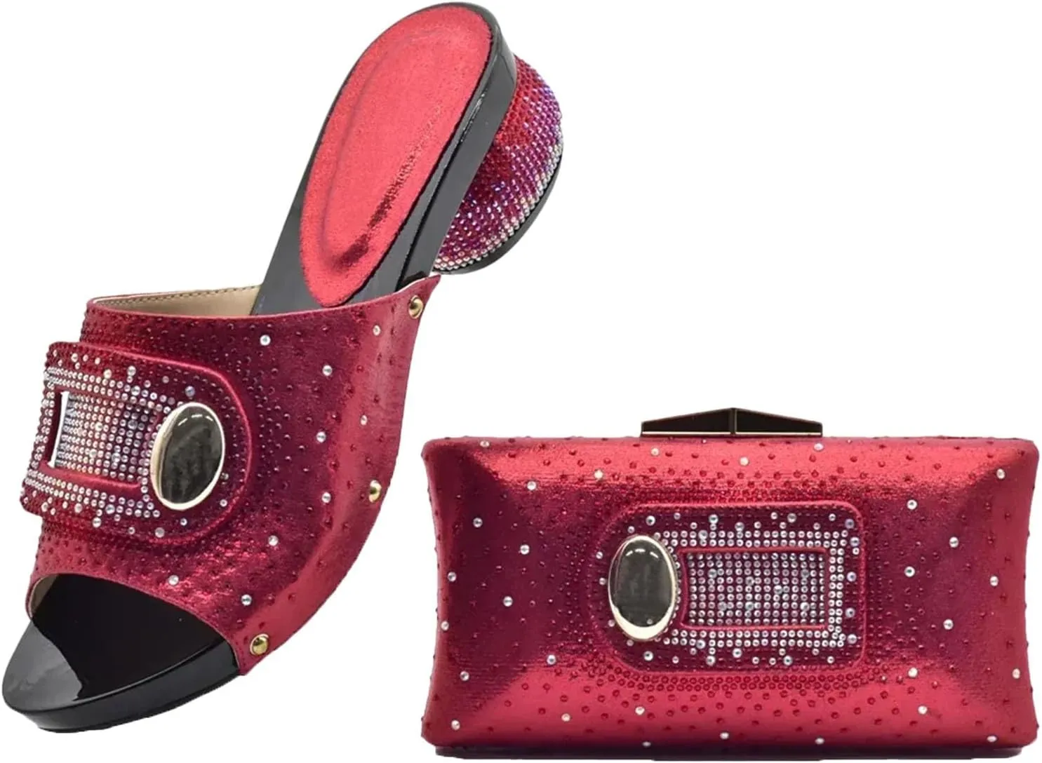 Women's Comfort Platform Sandal & Bag Set - Italian Handmade Rhinestone Strappy Heels with Wide-Block Heel & Matching Tote