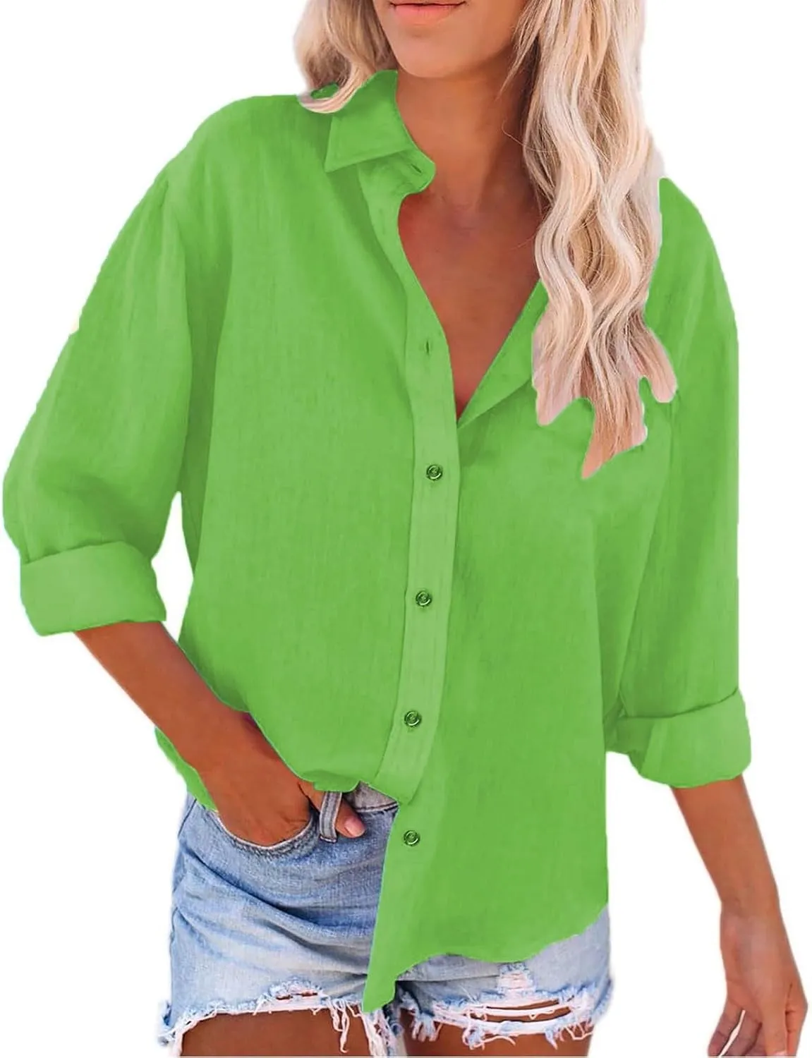 Women's Cotton Linen Cap Sleeve T-Shirt Womens Button Down Shirts 2024 Fall Casual Loose Half Button V Neck Tunic