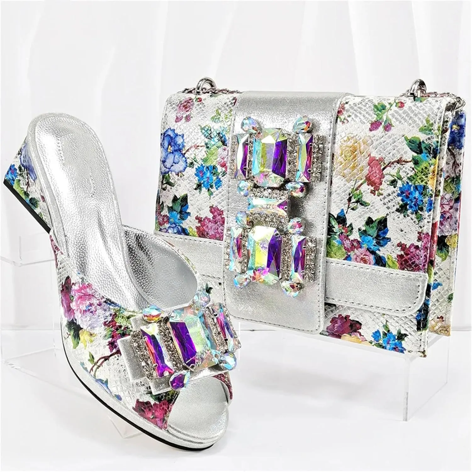 Women's Crystal Italian Slipper Set - Special Wedding Dress Shoes and Bag