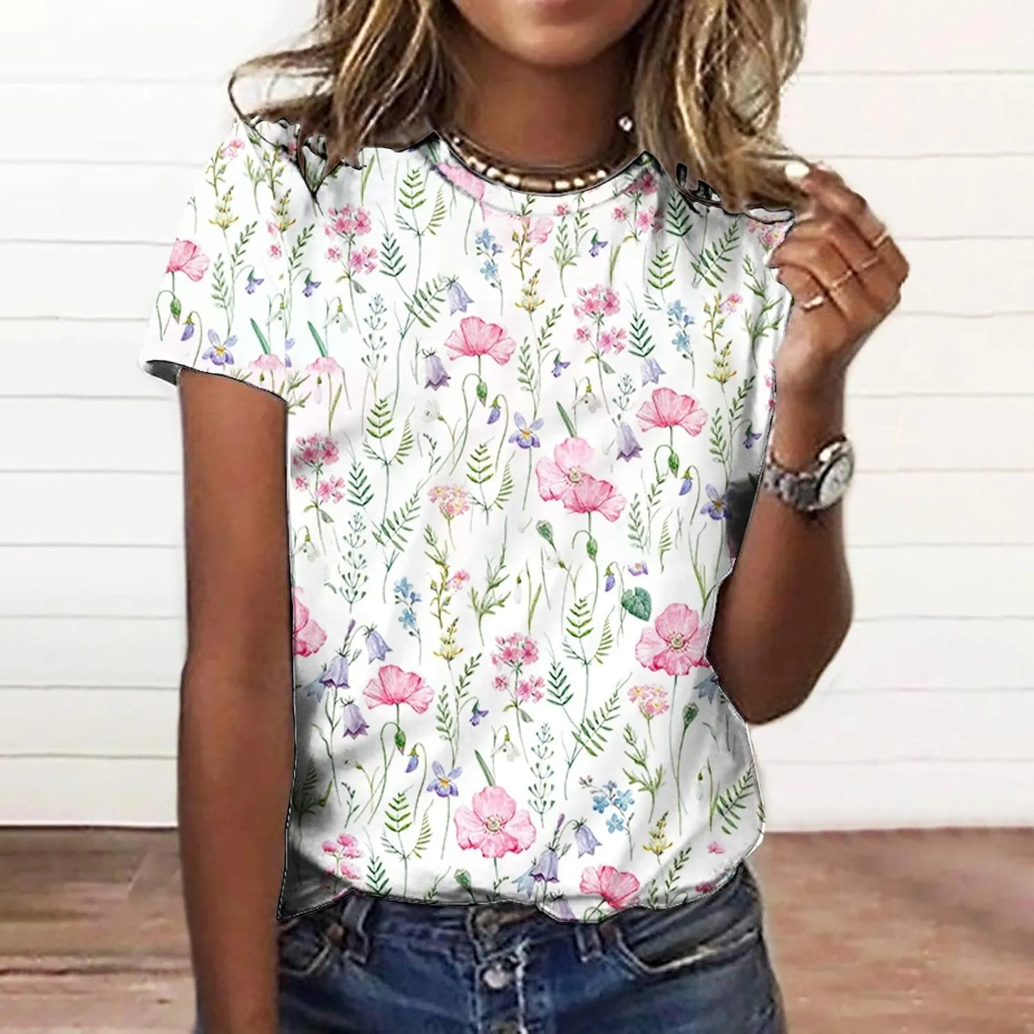 Women's fashionable round-neck printed loose pullovers Womens Shirts Summer Womens Shirts Casual