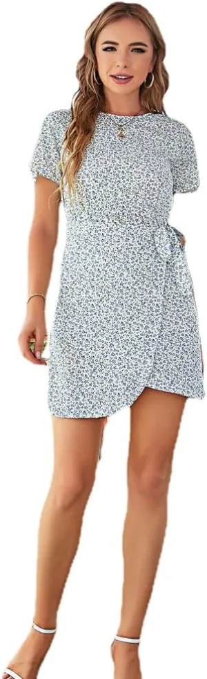 Womens Floral Rond Neck Wrap Ruffles Loose Mini Short Dress Short Sleeves A Line Swing Dress