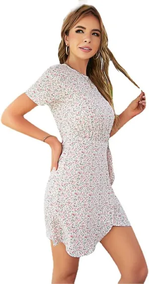 Womens Floral Rond Neck Wrap Ruffles Loose Mini Short Dress Short Sleeves A Line Swing Dress