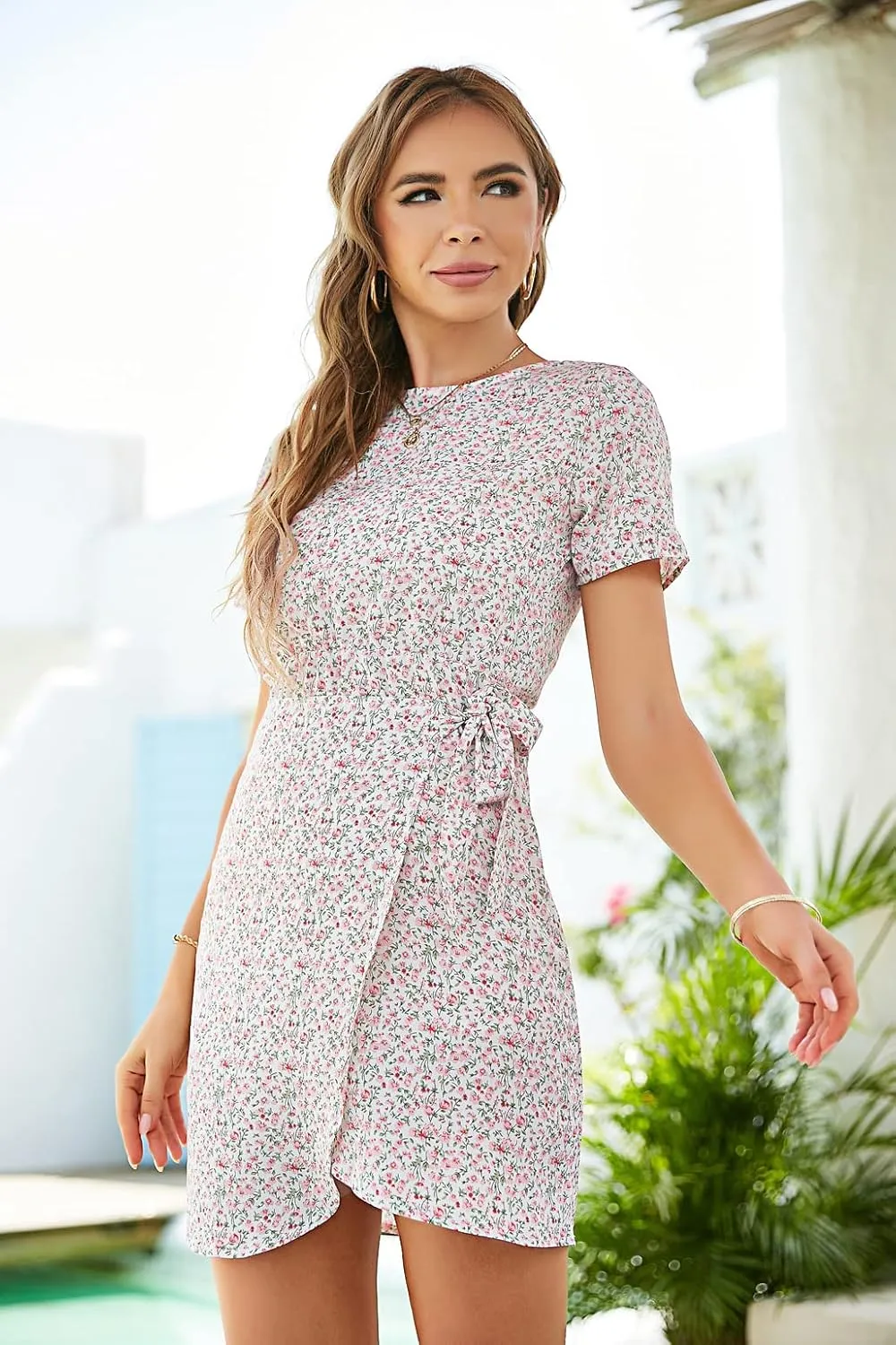 Womens Floral Rond Neck Wrap Ruffles Loose Mini Short Dress Short Sleeves A Line Swing Dress