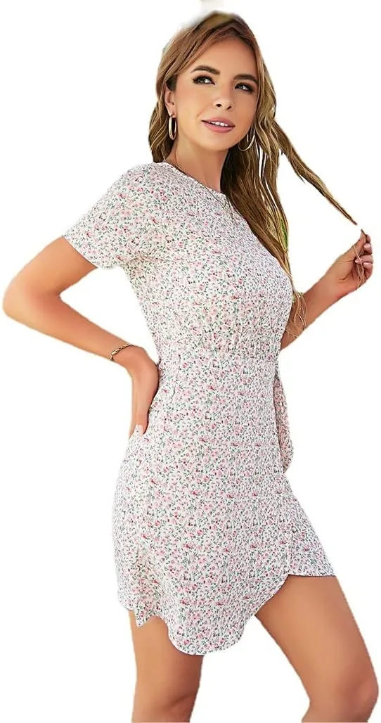 Womens Floral Rond Neck Wrap Ruffles Loose Mini Short Dress Short Sleeves A Line Swing Dress