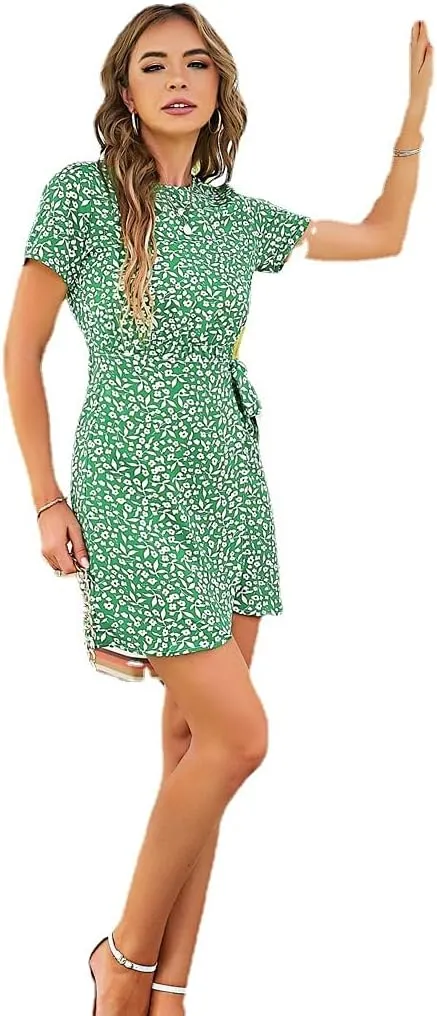 Womens Floral Rond Neck Wrap Ruffles Loose Mini Short Dress Short Sleeves A Line Swing Dress